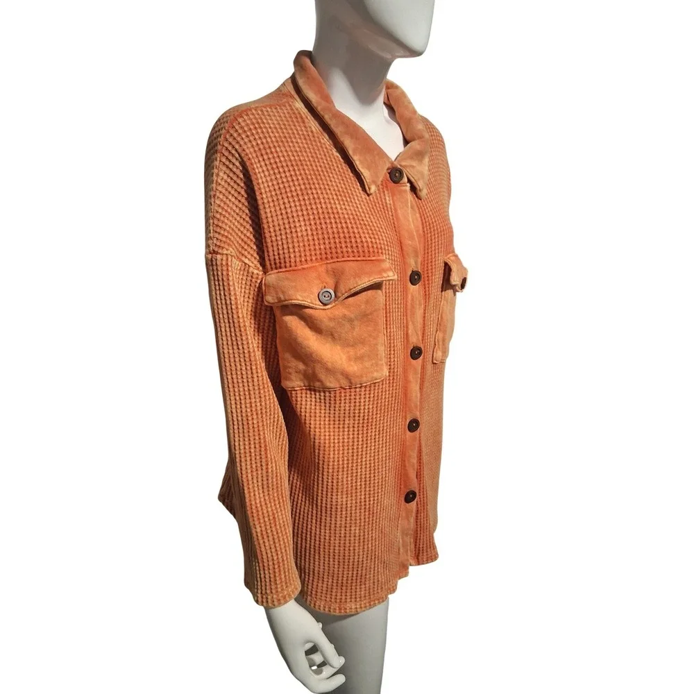 Bucket List Orange Vintage Wash Waffle Knit Shacket Oversized Womens size Small‎